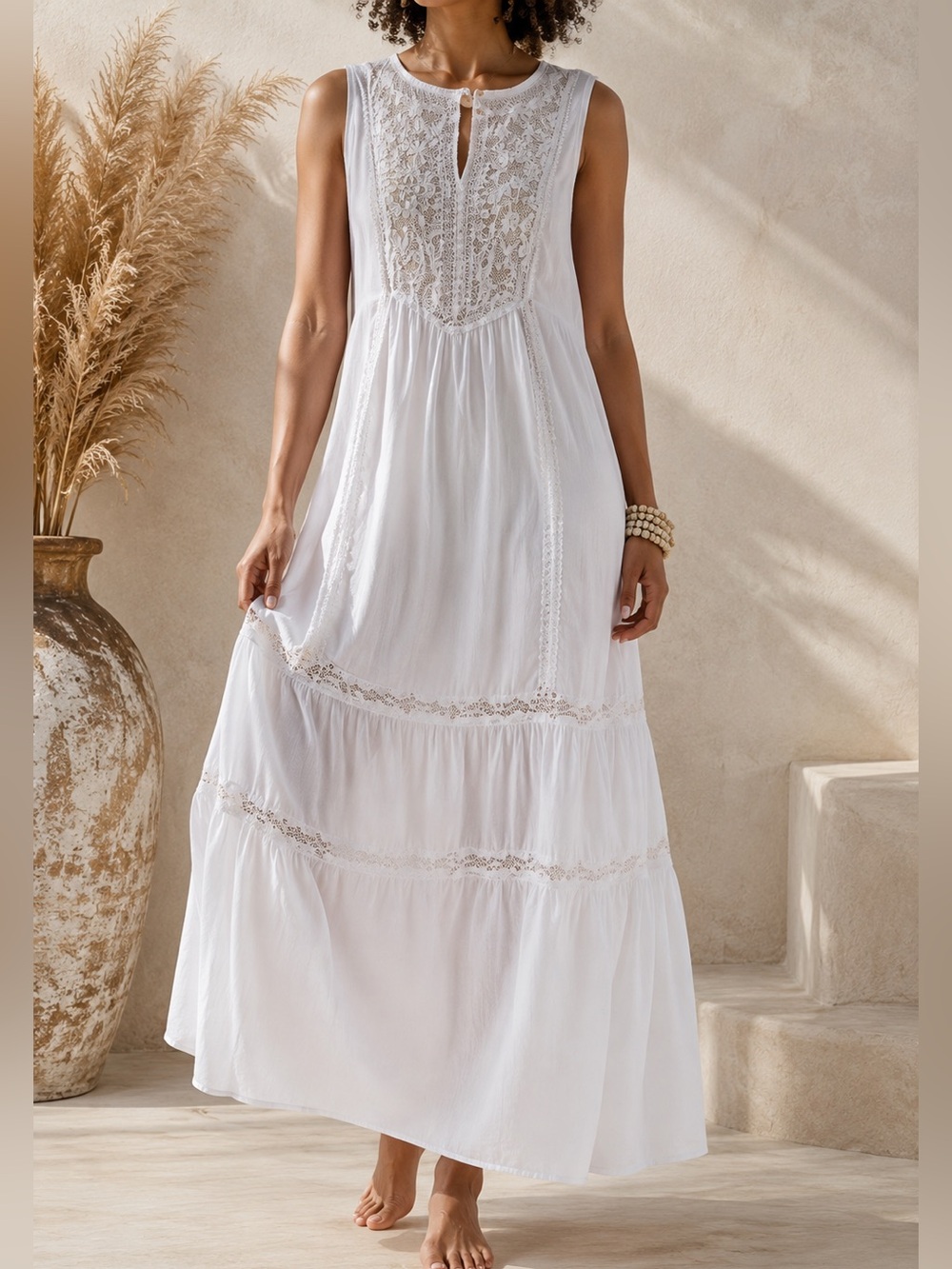 J. Jill Capri embroidered & beaded whitebarly maxi dress